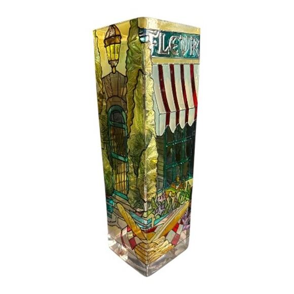 Vintage Joan Baker Stained Glass French Cafe 10”Rectangular Vase - Picture 2 of 10